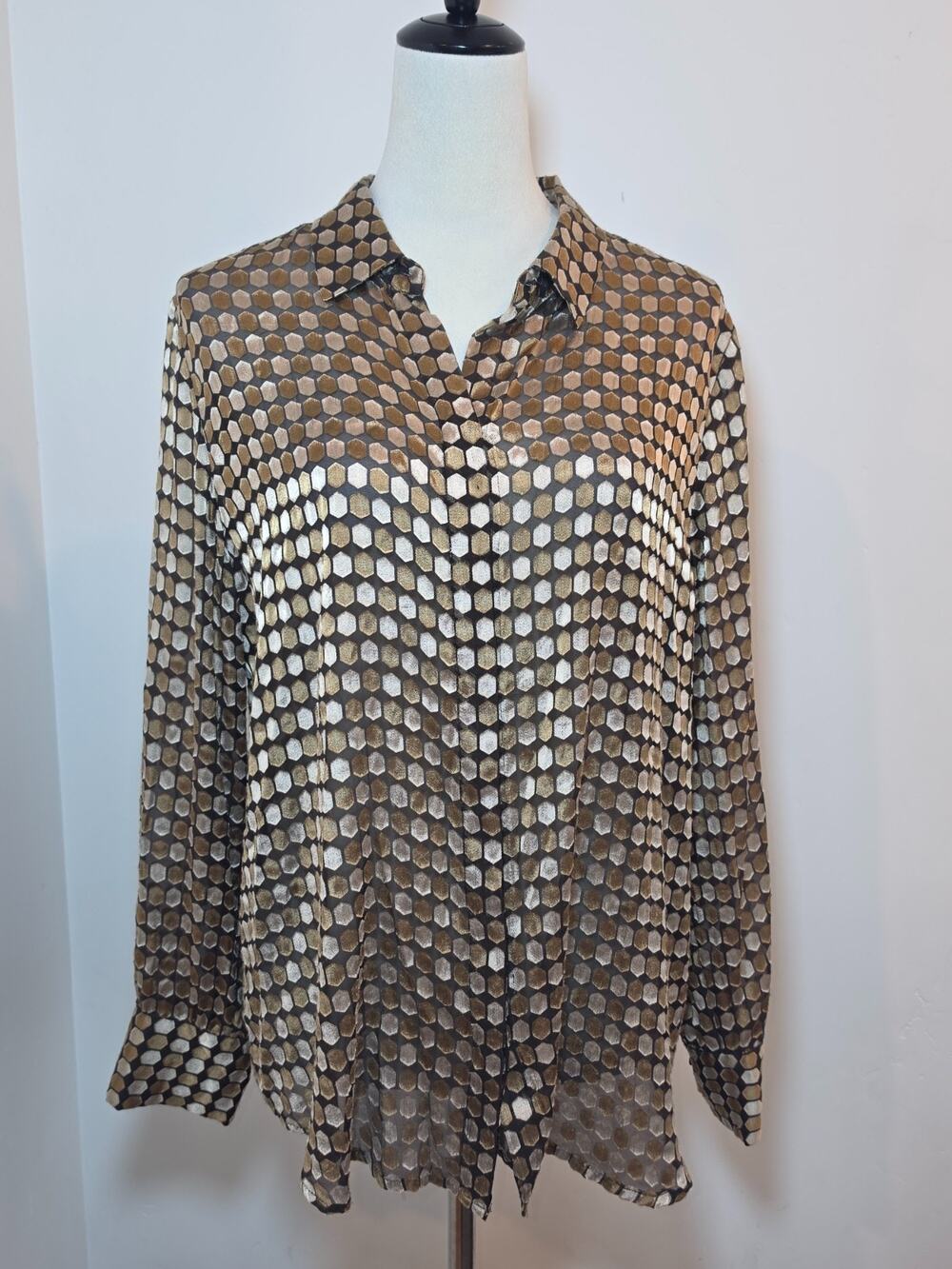 Chico's Sheer Button Down Velvet Black Gold Blouse/Top Size 2 Large